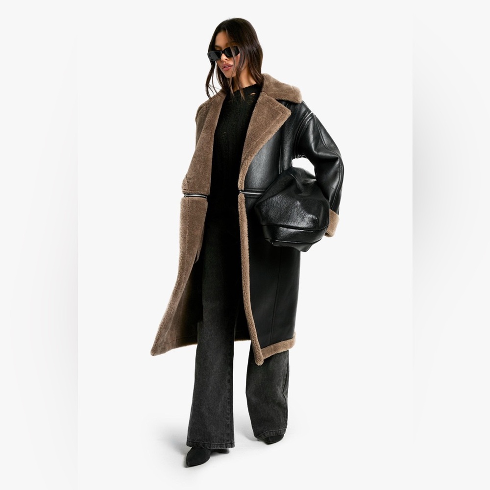 4 In 1 Detachable Aviator Stylish Black and Brown Shearling Coat